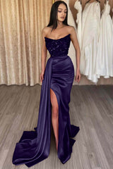 Elegant Strapless Mermaid Long Prom Dress with Side Split and Sequins