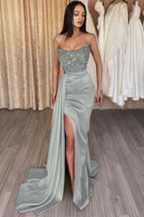 Elegant Strapless Mermaid Long Prom Dress with Side Split and Sequins
