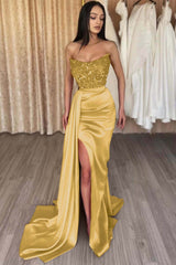 Elegant Strapless Mermaid Long Prom Dress with Side Split and Sequins