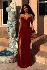 Red Strapless Mermaid Long Prom Dress with Sequins Split