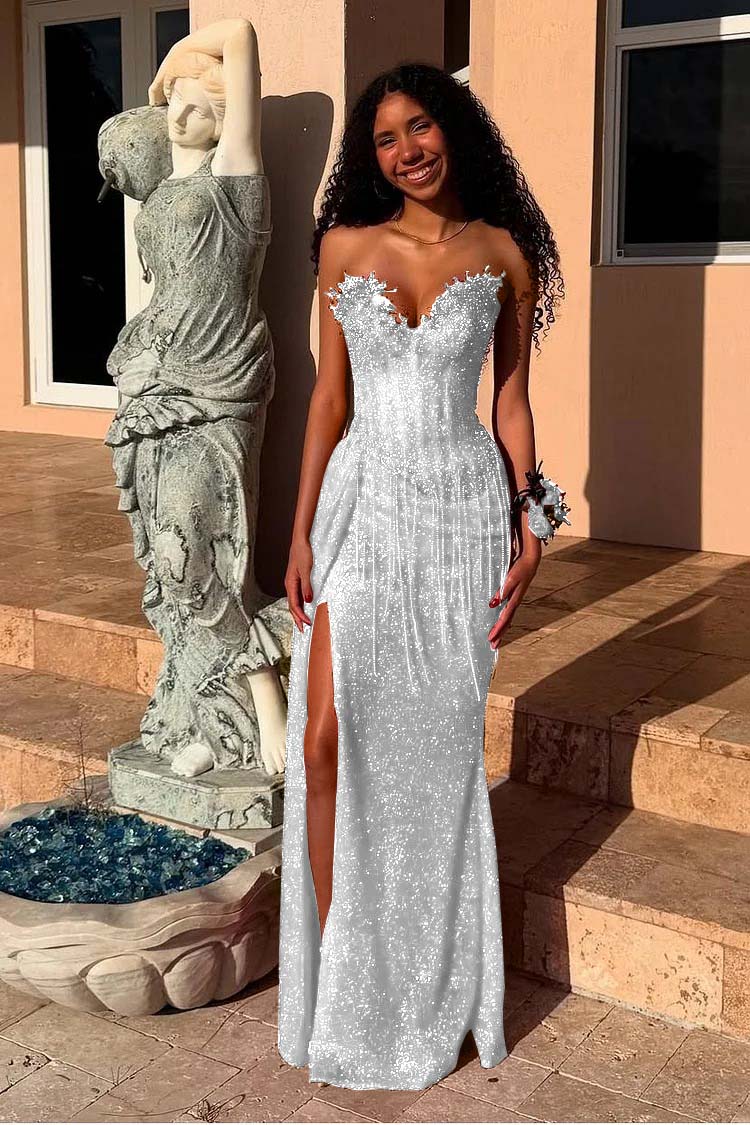 Red Strapless Mermaid Long Prom Dress with Sequins Split