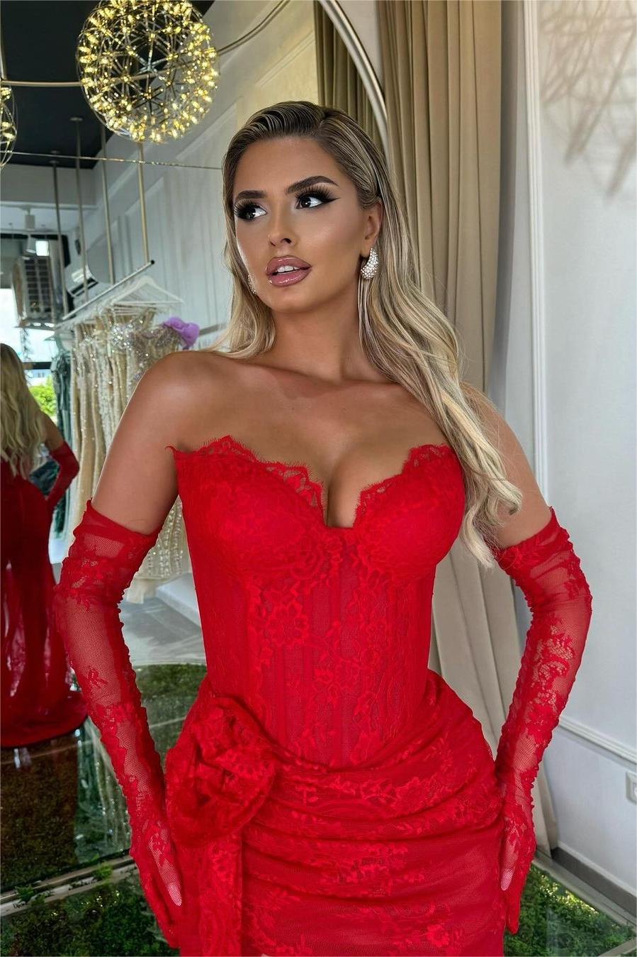 Strapless Mermaid Long Prom Dress with Split and Long Gloves