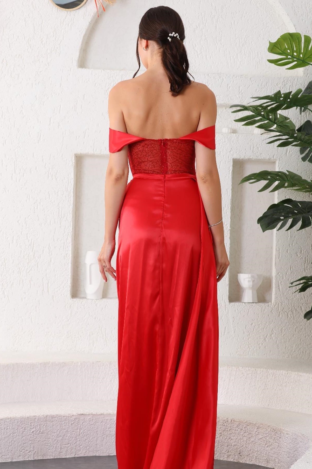 Red Off the Shoulder Sweetheart Mermaid Long Prom Dress with Split