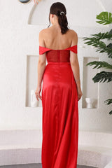 Red Off the Shoulder Sweetheart Mermaid Long Prom Dress with Split