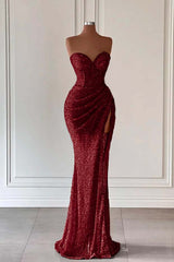 Red Sweetheart Mermaid Long Prom Dress with High Split and Sequins