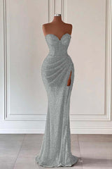 Red Sweetheart Mermaid Long Prom Dress with High Split and Sequins
