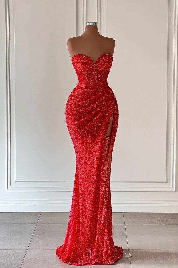 Red Sweetheart Mermaid Long Prom Dress with High Split and Sequins