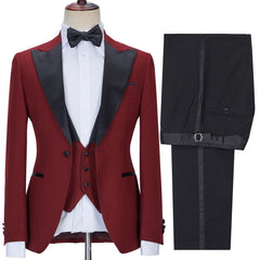Red Three-Piece Business Evening Suit with Peaked Lapel for Men