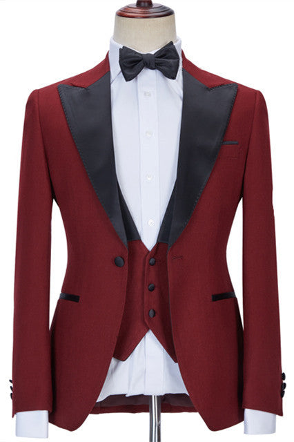 Red Three-Piece Business Evening Suit with Peaked Lapel for Men