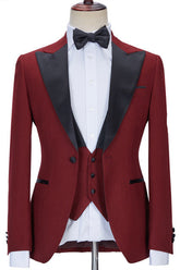 Red Three-Piece Business Evening Suit with Peaked Lapel for Men