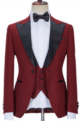 Red Three-Piece Business Evening Suit with Peaked Lapel for Men