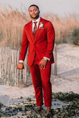 Red Three-Piece Velvet Wedding Suit with Peaked Lapel