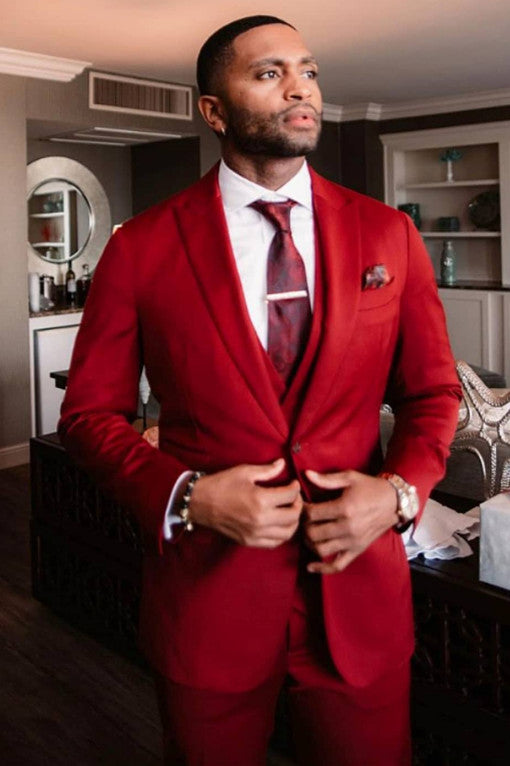 Red Three-Piece Velvet Wedding Suit with Peaked Lapel