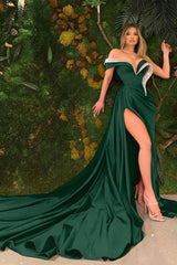 V-Neck Off the Shoulder Prom Dress with Split and Beading