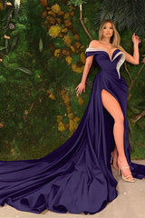 V-Neck Off the Shoulder Prom Dress with Split and Beading