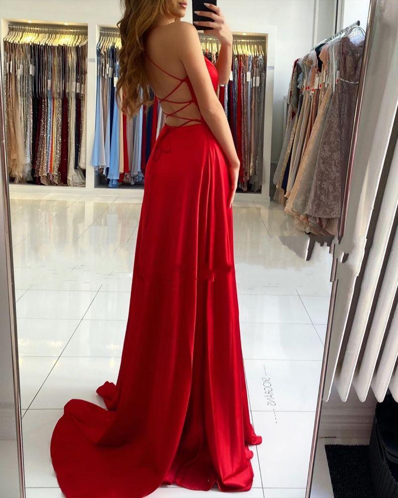 Red V-Neck Prom Dress with Split