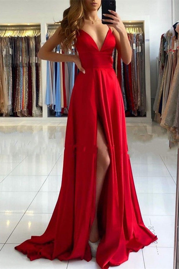 Red V-Neck Prom Dress with Split