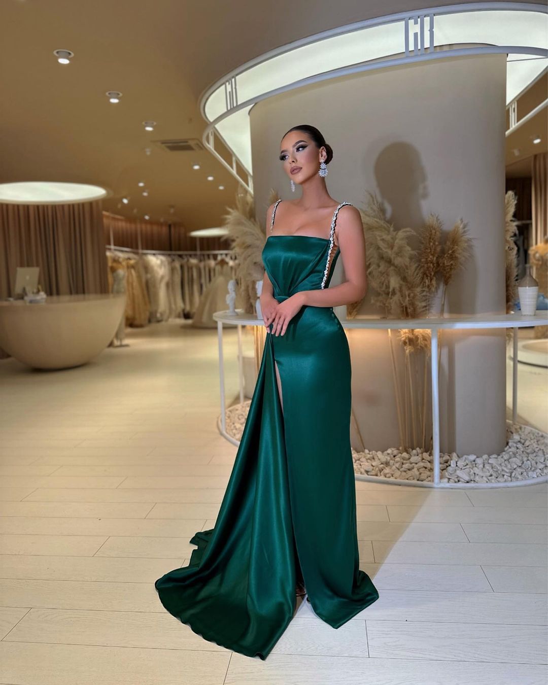 Green Spaghetti Strap Long Prom Dress with Rhinestone and Split