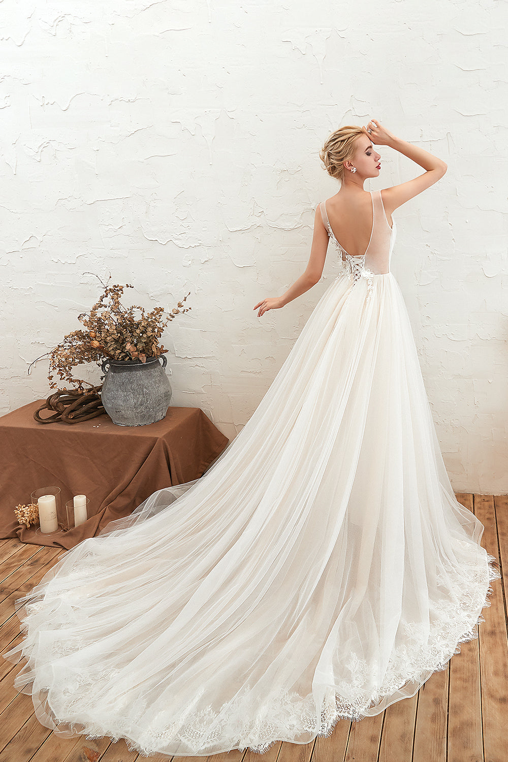 Romantic Wide Strap Deep V-Neck Floor-Length A-Line Wedding Dress with Tulle