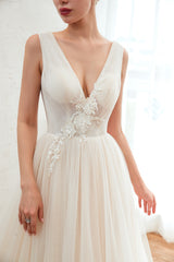 Romantic Wide Strap Deep V-Neck Floor-Length A-Line Wedding Dress with Tulle