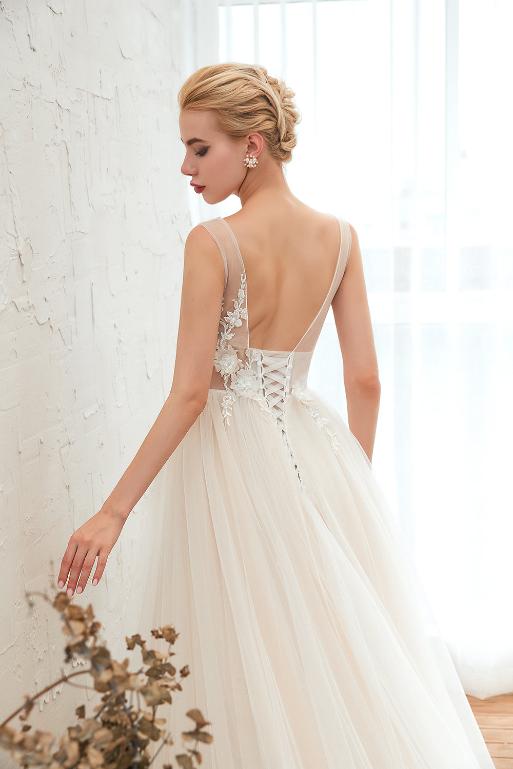Romantic Wide Strap Deep V-Neck Floor-Length A-Line Wedding Dress with Tulle