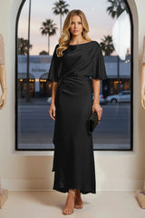 Round Neck Mermaid Satin Formal Gown With Sleeves Mother of the Bride Wedding Guest Evening Party Dress
