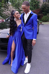 Royal Blue Dinner Prom Suit - Stylish One Button, Jacquard Peaked Lapel
