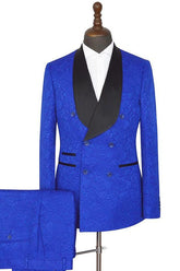 Royal Blue Easy Fit Double-Breasted Jacquard Wedding Suit with Shawl Lapel
