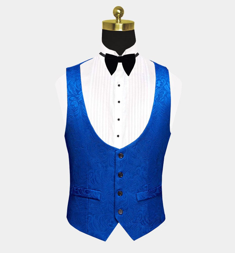 Royal Blue Floral Jacquard Wedding Suit - Three Pieces for Men