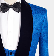 Royal Blue Floral Jacquard Wedding Suit - Three Pieces for Men