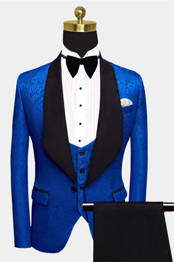 Royal Blue Floral Jacquard Wedding Suit - Three Pieces for Men