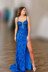 Royal Blue Long Prom Dress with Sequin Applique and High Slit