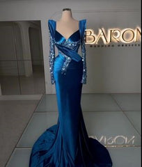 Royal Blue Long Sleeves Mermaid Charmeuse Prom Dress with Beadings