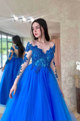 Amazing Long Sleeve Tulle A-Line Long Prom Dress with Appliques