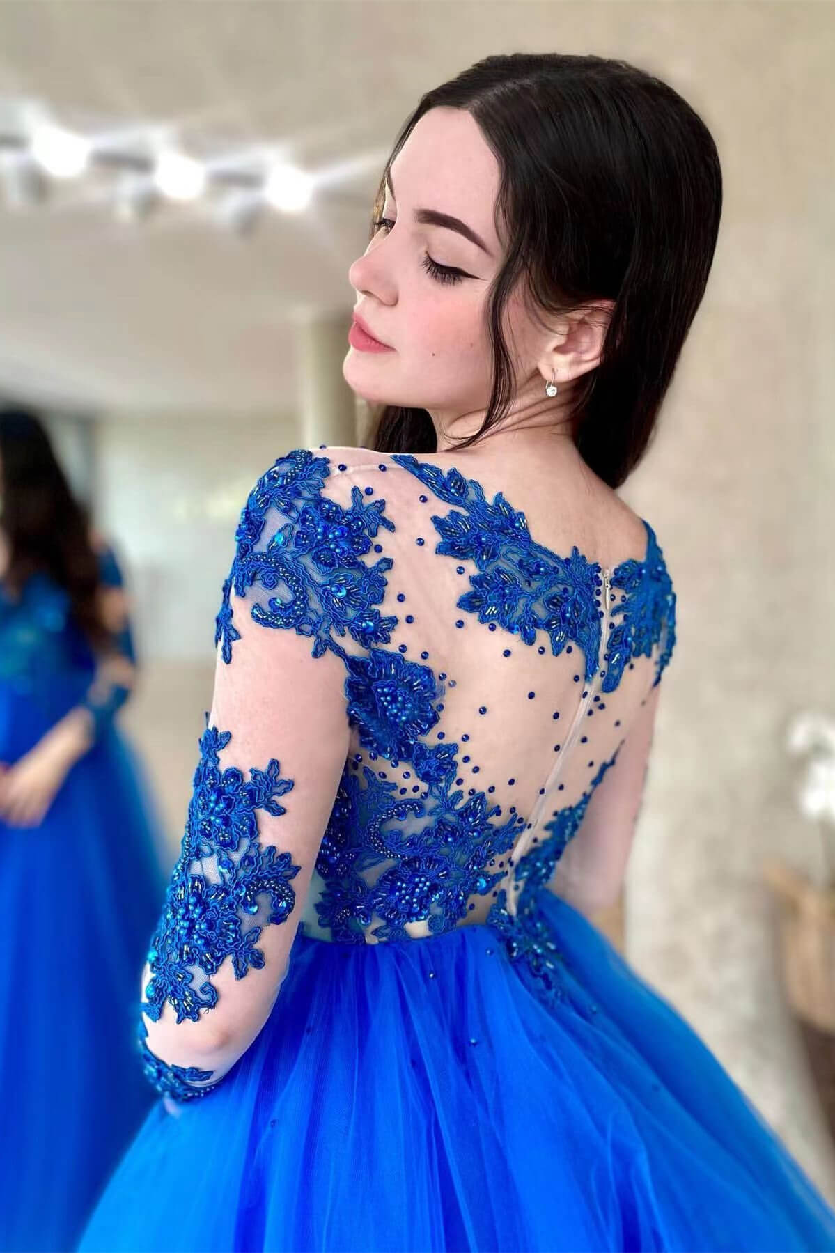 Amazing Long Sleeve Tulle A-Line Long Prom Dress with Appliques