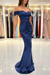 Royal Blue Off the Shoulder Sweetheart Long Prom Dress with Pleated