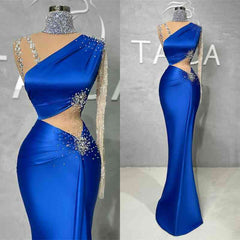 Royal Blue One Shoulder Long Sleeve Mermaid Evening Dress with Sequins