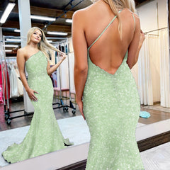 Royal Blue One-Shoulder Sequined Mermaid Prom Dress