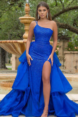 Royal Blue One Shoulder Prom Dress with Beading and Detachable Skirt