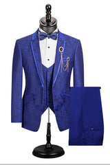 Royal Blue Single Button Paisley Pattern Dinner Prom Suit, Three Pieces for Men