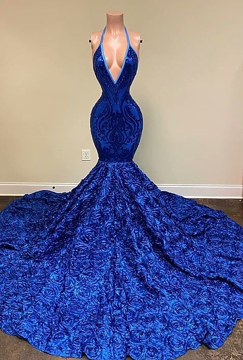 Royal Blue Sleeveless Halter Mermaid Prom Dress with Sequins