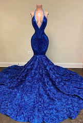 Royal Blue Sleeveless Halter Mermaid Prom Dress with Sequins