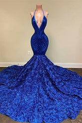 Royal Blue Sleeveless Halter Mermaid Prom Dress with Sequins