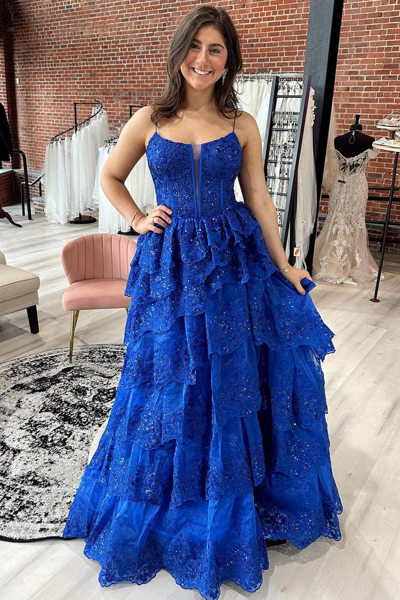 Royal Blue Straps Tiered A-Line Prom Dress with Sequins