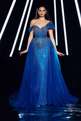 Royal Blue Off the Shoulder Tulle Long Prom Dress with Sequins