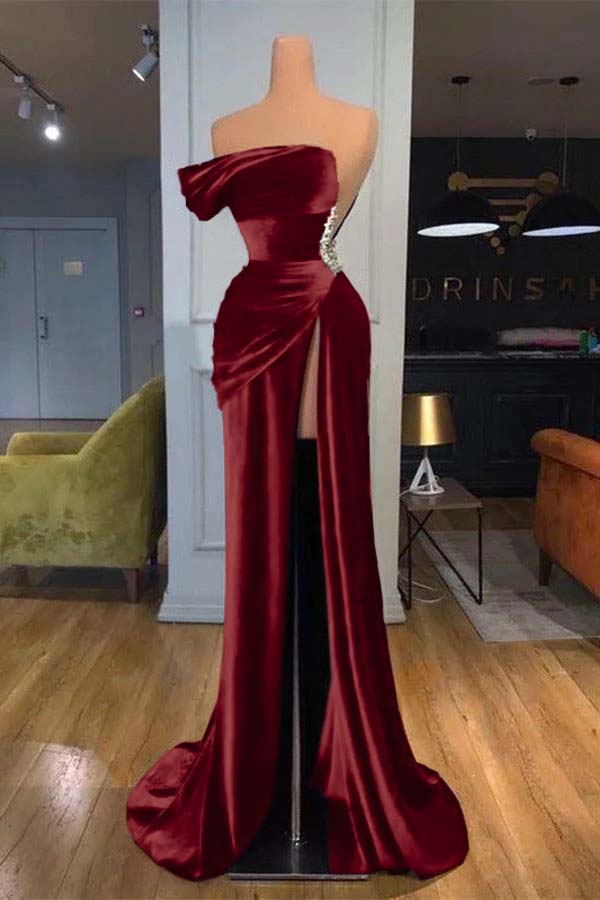 Royal Blue Strapless Mermaid Velvet Long Prom Dress with Beading and Split