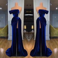 Royal Blue Strapless Mermaid Velvet Long Prom Dress with Beading and Split