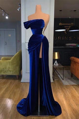 Royal Blue Strapless Mermaid Velvet Long Prom Dress with Beading and Split