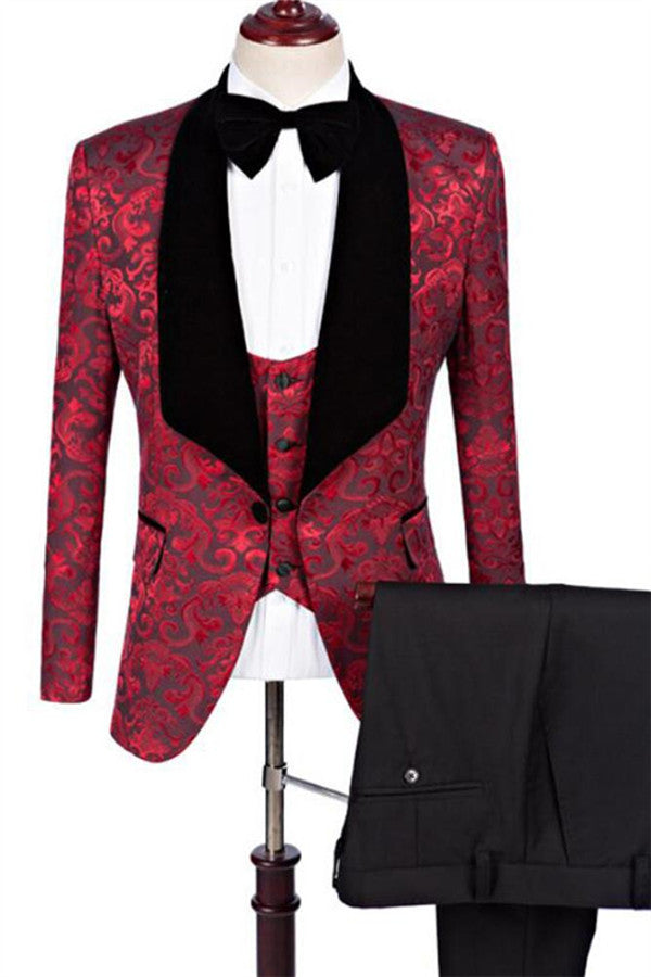 Ruby Flower Jacquard Prom Business Suit - Slim Fit Pattern Formal Suits, Three Pieces