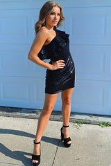 Ruffle One Shoulder Black Sequins Bodycon Homecoming Dress
